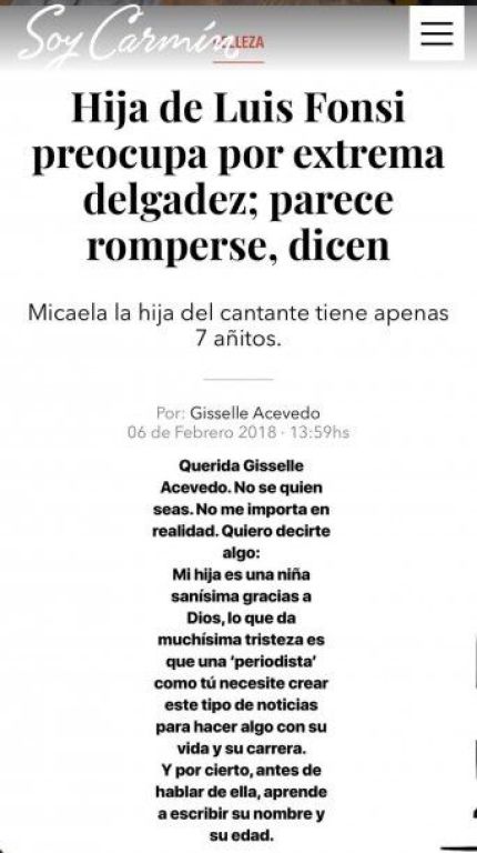 Luis Fonsi y su esposa respondieron a las críticas por el peso de su hija