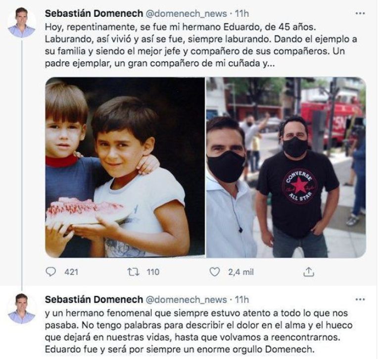 Sebastián Domenech expresó su tristeza por la repentina muerte de su hermano de 45 años
