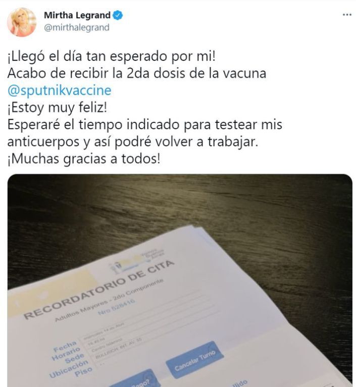 Mirtha Legrand recibió la segunda dosis de la vacuna