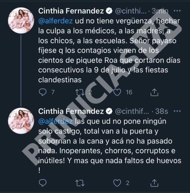 Cinthia Fernández publicó fuertes tweets en contra del presidente y luego los borró