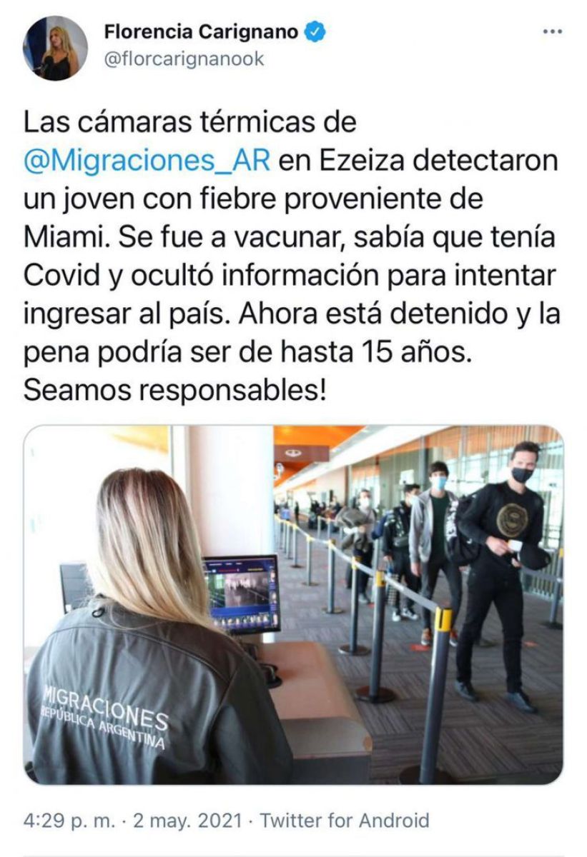 Volvía de vacunarse en Miami estaba contagiado, ocultó el PCR positivo y quedó detenido
