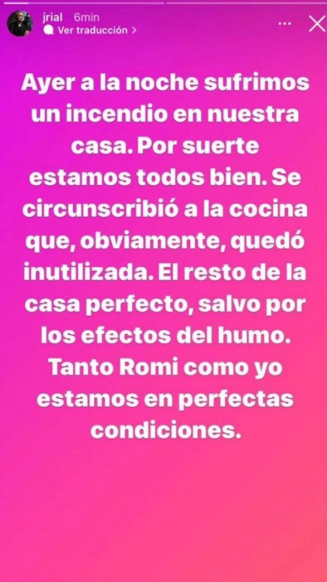 Incendio en la casa de Jorge Rial y Romina Pereiro: "Fue un shock"