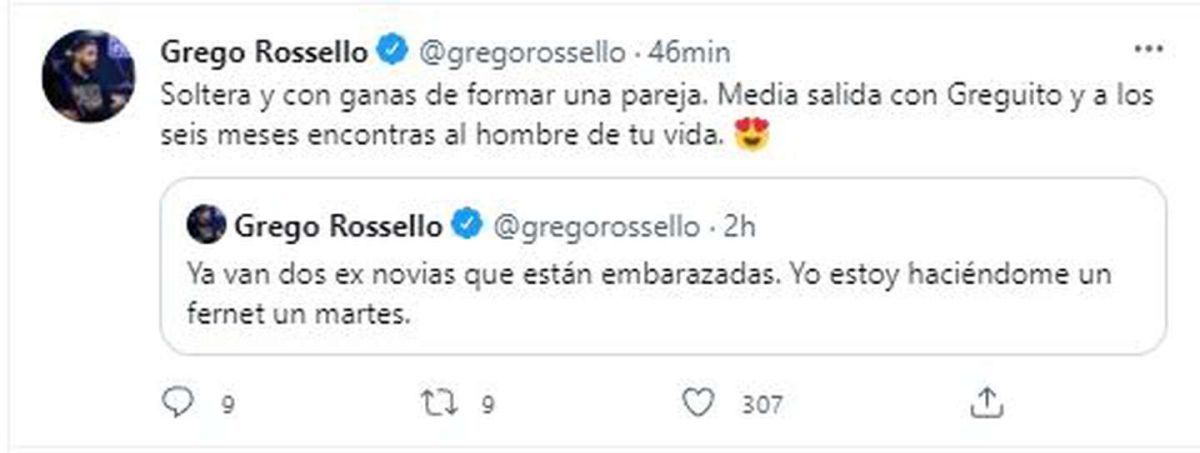 Los polémicos tweets de Grego Rossello luego de que su ex confirmara que está embarazada