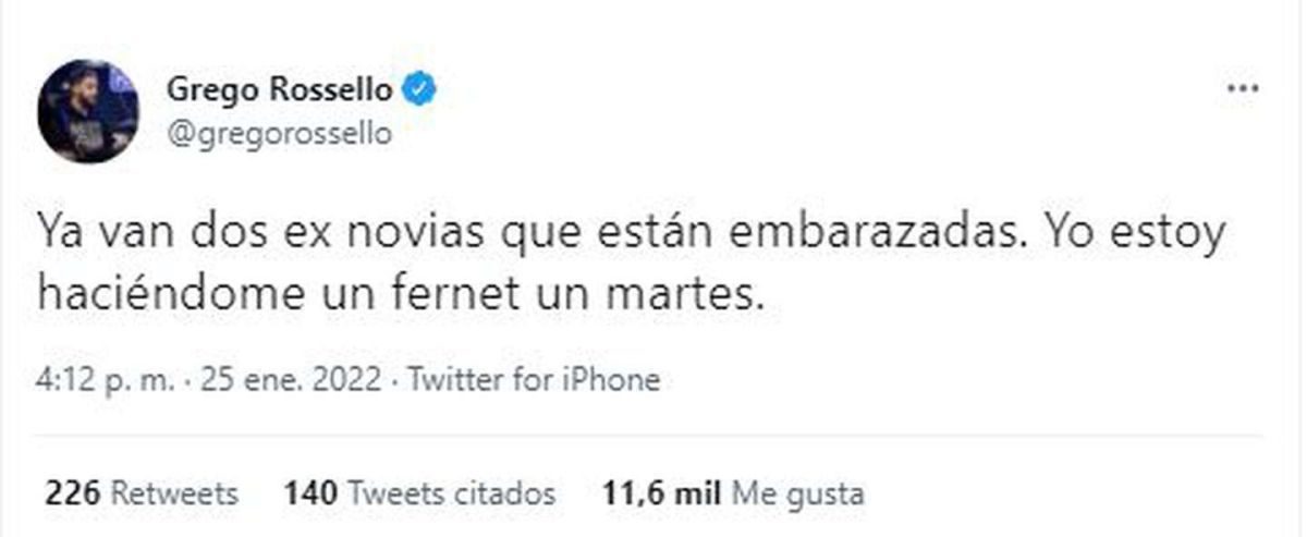 Los polémicos tweets de Grego Rossello luego de que su ex confirmara que está embarazada