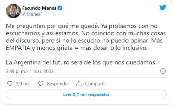 Facundo Manes explicó por qué permaneció en el recinto cuando el PRO se retiró